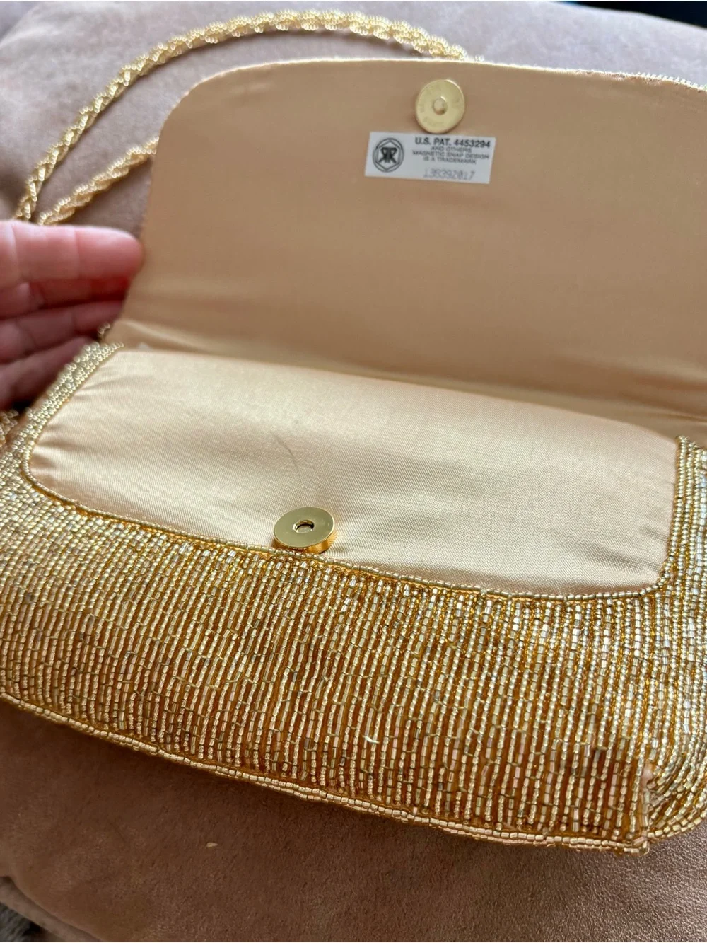 Gold Glitz Beaded Evening Clutch with Lacey Gold Chain Strap